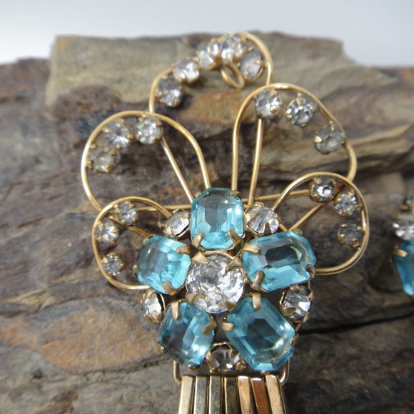 Vtg 12K GF Aqua Rhinestone Pin Pendant Earring M&S - Picture 4 of 10